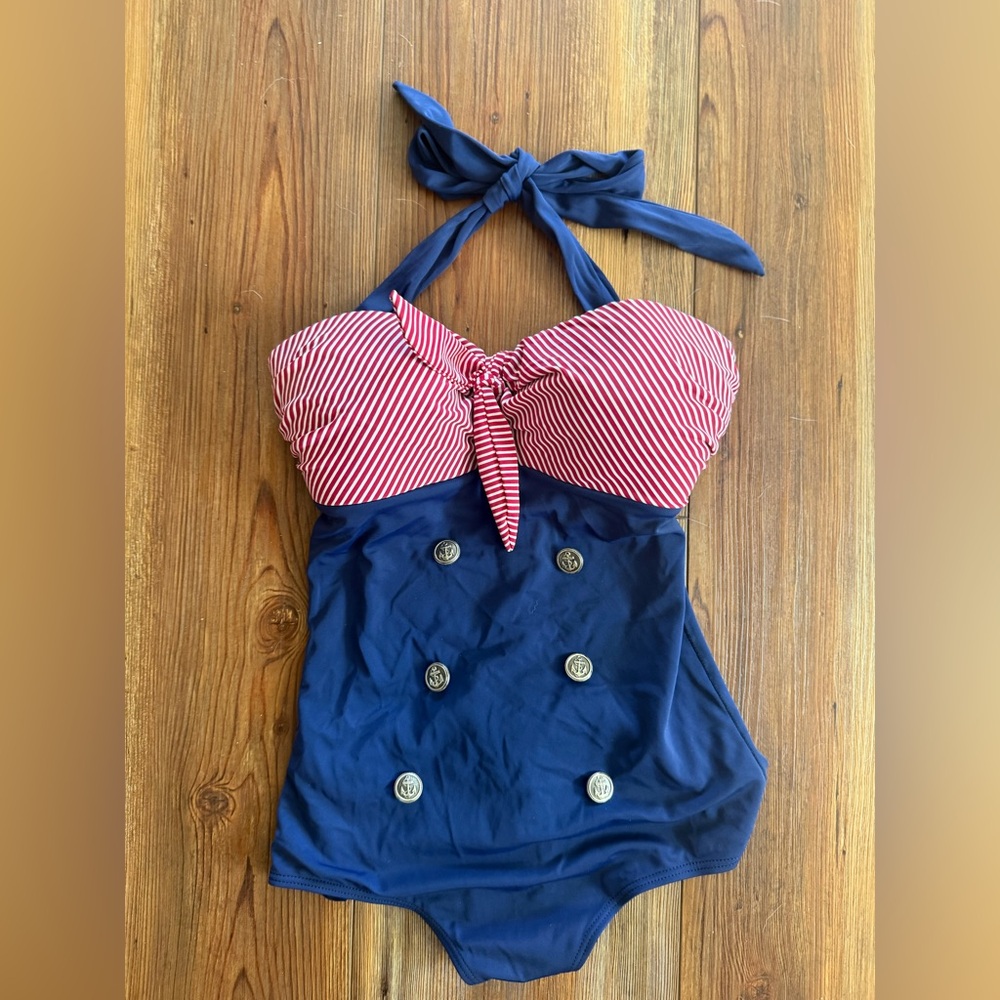 Pinup retro rockabilly nautical bathing suit. Stripes,